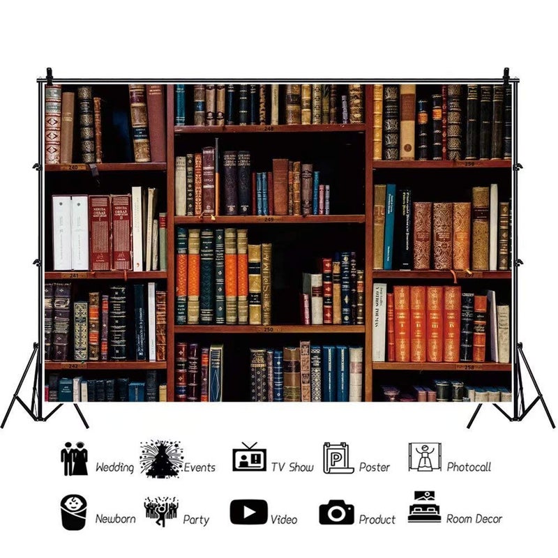 DASHAN 7x5ft Polyester Bookshelf Backdrop Back to School Vintage Library Bookcase Online Teaching Office YouTube Video Antique Teacher Student Photography Background School Graduation Photo Prop - Image 2